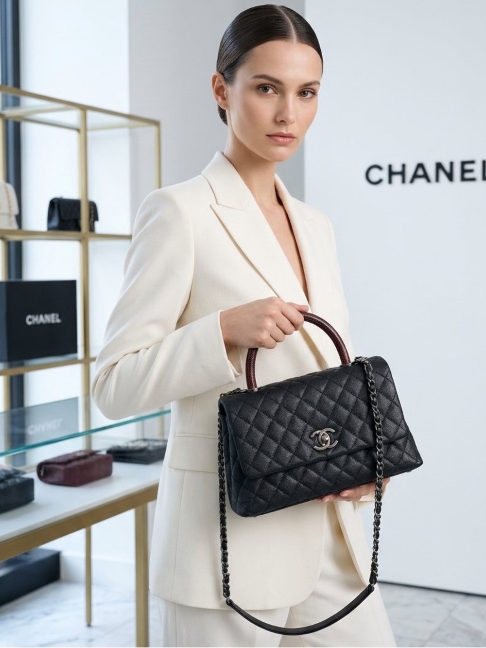 Chanel Authentic Top Handle Black Caviar with Burgundy Authentic Lizard 2017 med